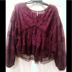 Free People Maroon Peplum Lace Top